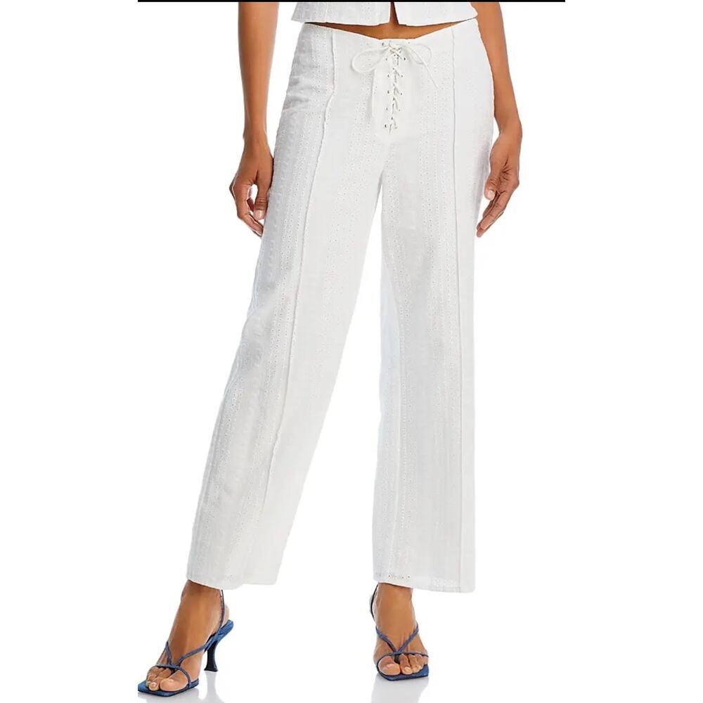 AQUA white eyelet lace-up front detail wide leg pants, size large